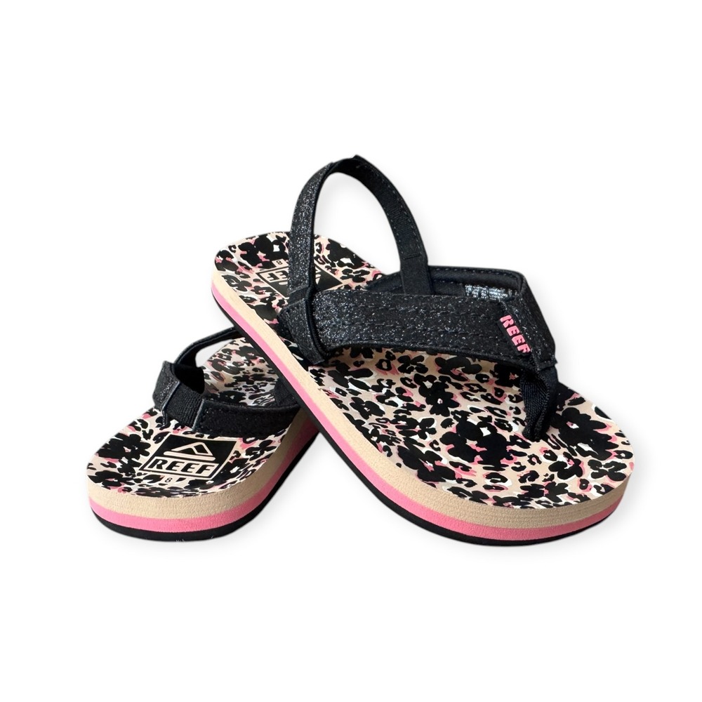 Reef Little Ahi Toddler Girls Black Glitter Leopard Print Sandals Size 8 Pink